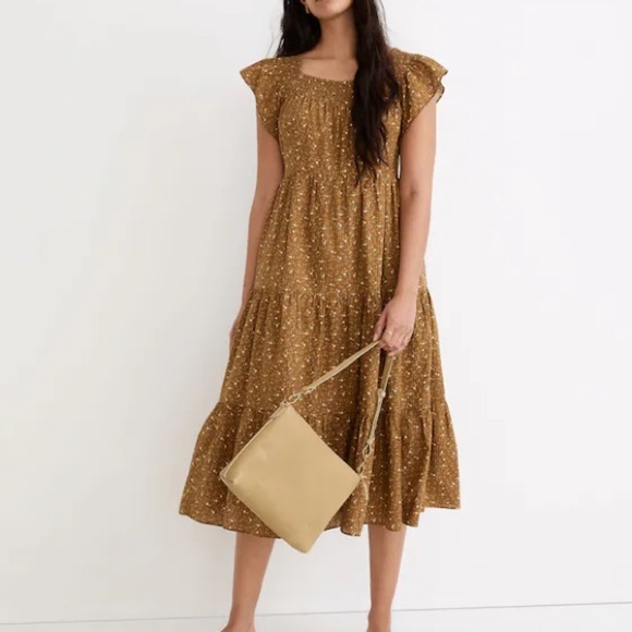Madewell Dresses & Skirts - Madewell Ruffle-Sleeve Tiered Midi Dress in Daisy Stitch Floral Brown Midi Dress